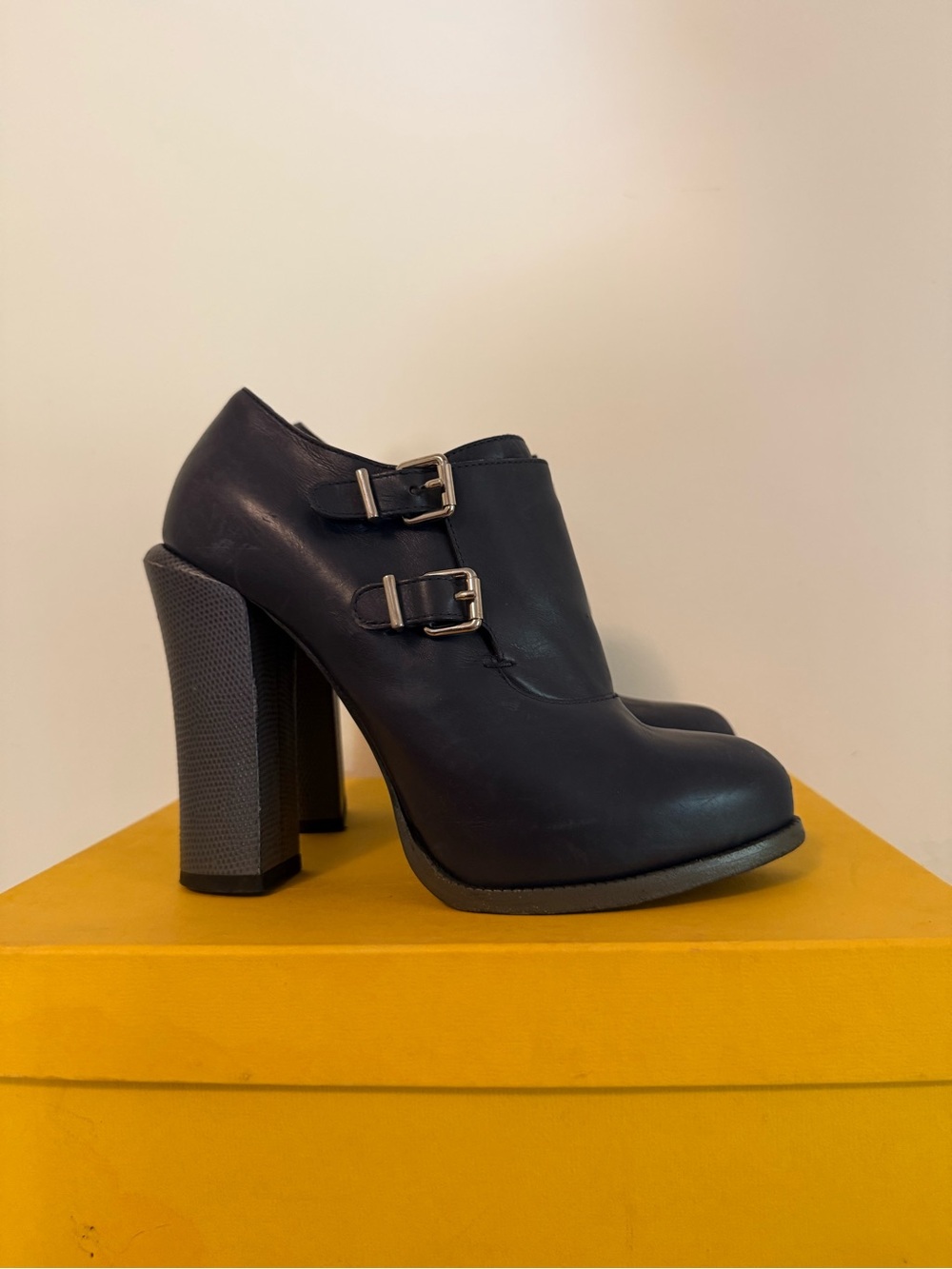 Fendi Midnight Blue and Grey Leather Double-Buckle Platform Monk Strap Loafers